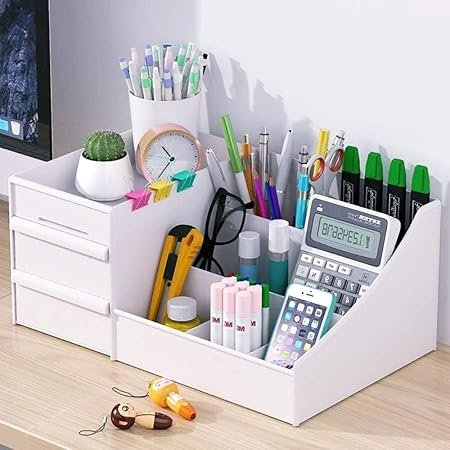 Office Desk Organizer Box with Drawer, 8-Compartment Desktop Storage Rack