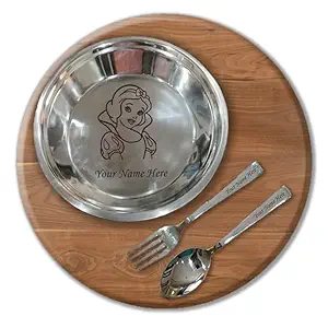 Personalized Stainless Steel Round Plate with Spoon & Fork with Name & Design Engraved