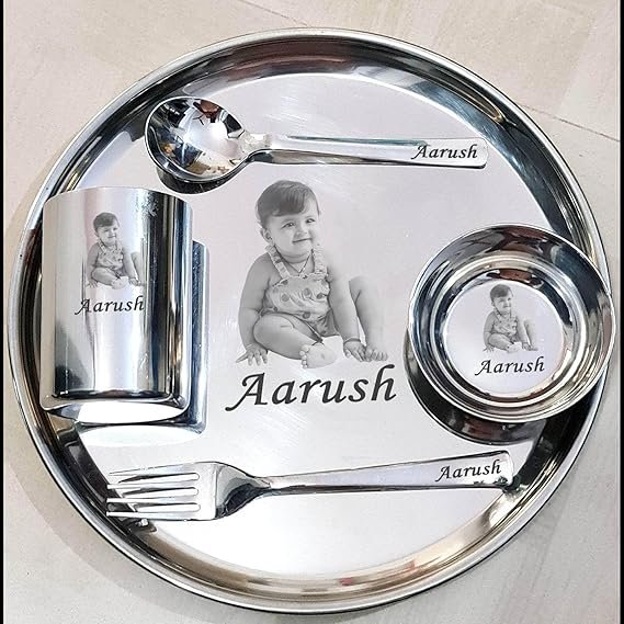 Customized Stainless Steel Thali with Name & Photo Engraving