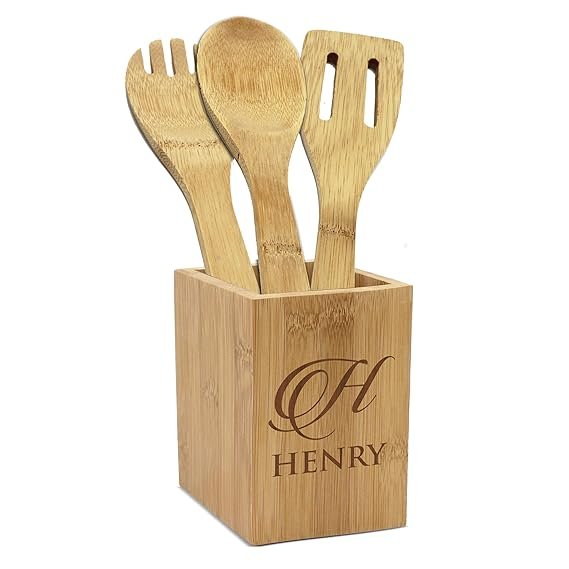 Custom Engraved Bamboo Wood Kitchen Utensil Holder with Utensils