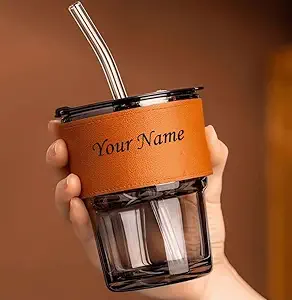 Customized Glass Tumbler with Name | Reusable Drinking Glass with Leather Sleeve & Glass Straw