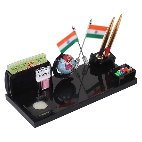 Acrylic Flag Pen Stand For Office Study Table(2 pen free) Stylish Multipurpose Desk Organizer With Globe Pen Pencil Holder