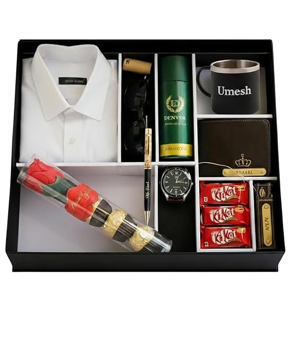 Valentine Personalized Luxury Gift Hamper with Shirt, Wallet, Watch, Perfume, Mug, Chocolates & Accessories